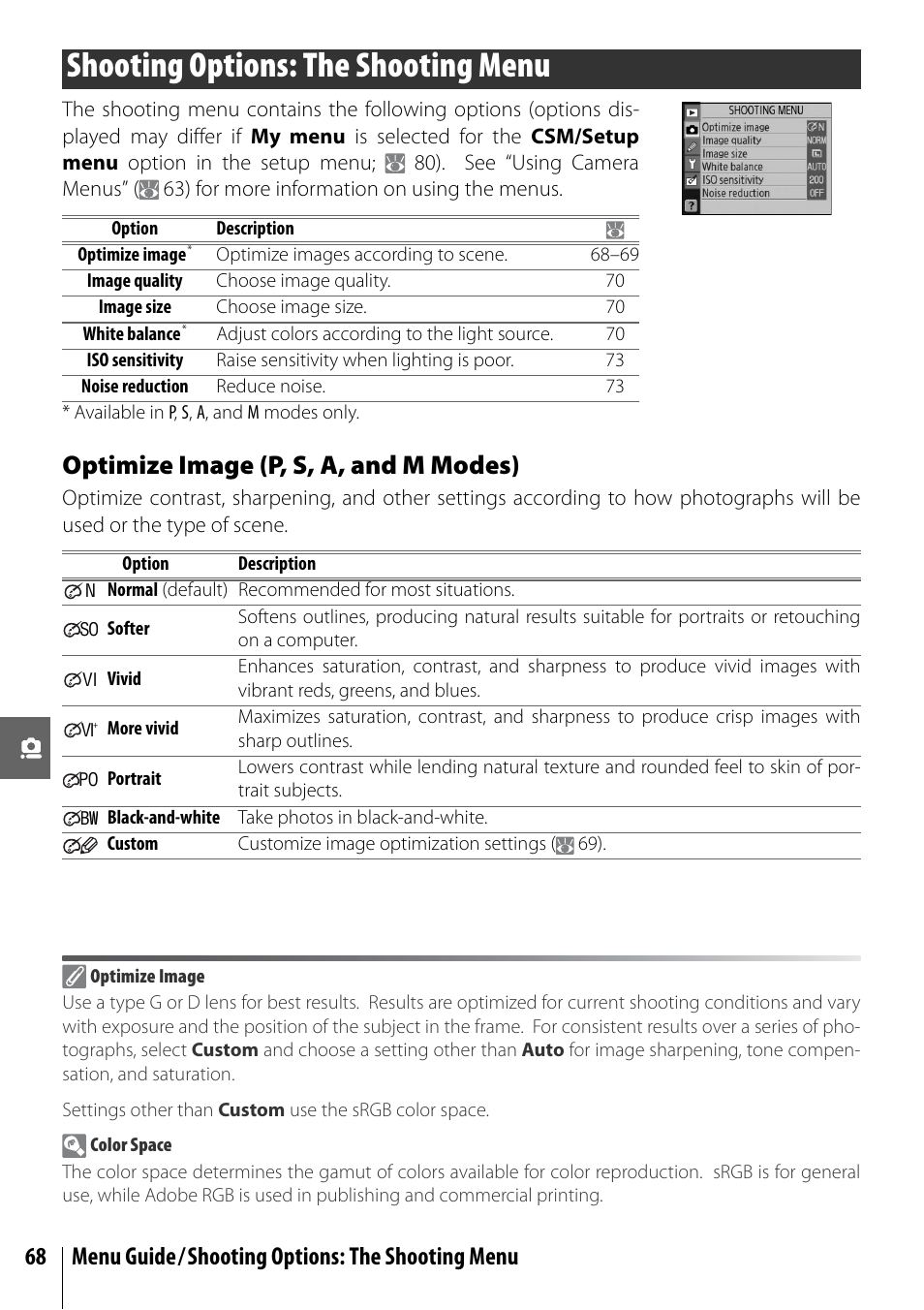 Shooting options: the shooting menu, Optimize image (p, s, a, and m modes), 68 menu guide/shooting options: the shooting menu | Nikon D40 User Manual | Page 80 / 139