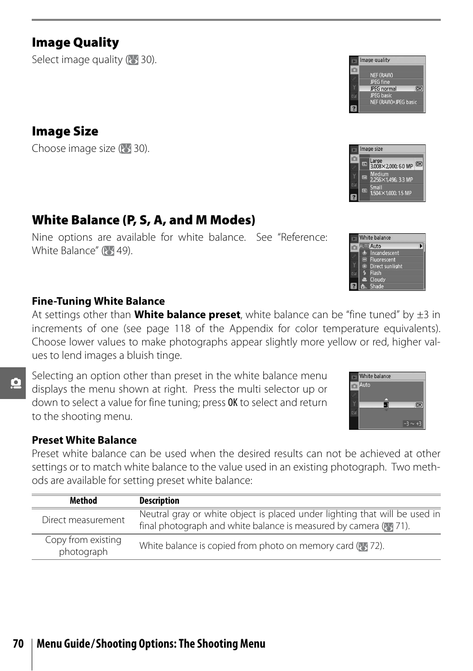 Image quality, Image size, White balance (p, s, a, and m modes) | 70 menu guide/shooting options: the shooting menu | Nikon D40 User Manual | Page 82 / 139