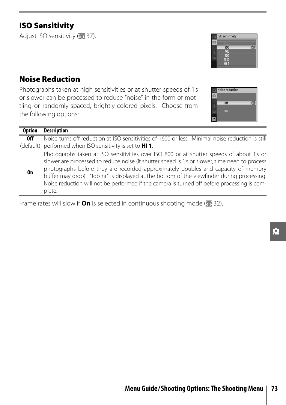 Iso sensitivity, Noise reduction, Menu guide/shooting options: the shooting menu 73 | Nikon D40 User Manual | Page 85 / 139