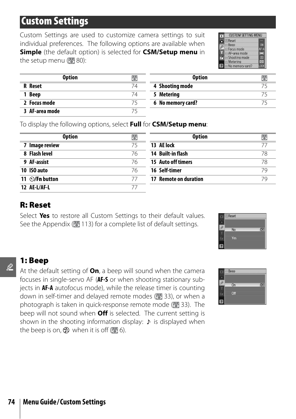 Custom settings, R: reset, Beep | 74 menu guide/custom settings | Nikon D40 User Manual | Page 86 / 139