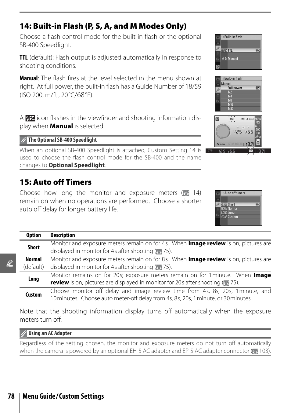 Built-in flash (p, s, a, and m modes only), Auto off timers, 78 menu guide/custom settings | Nikon D40 User Manual | Page 90 / 139