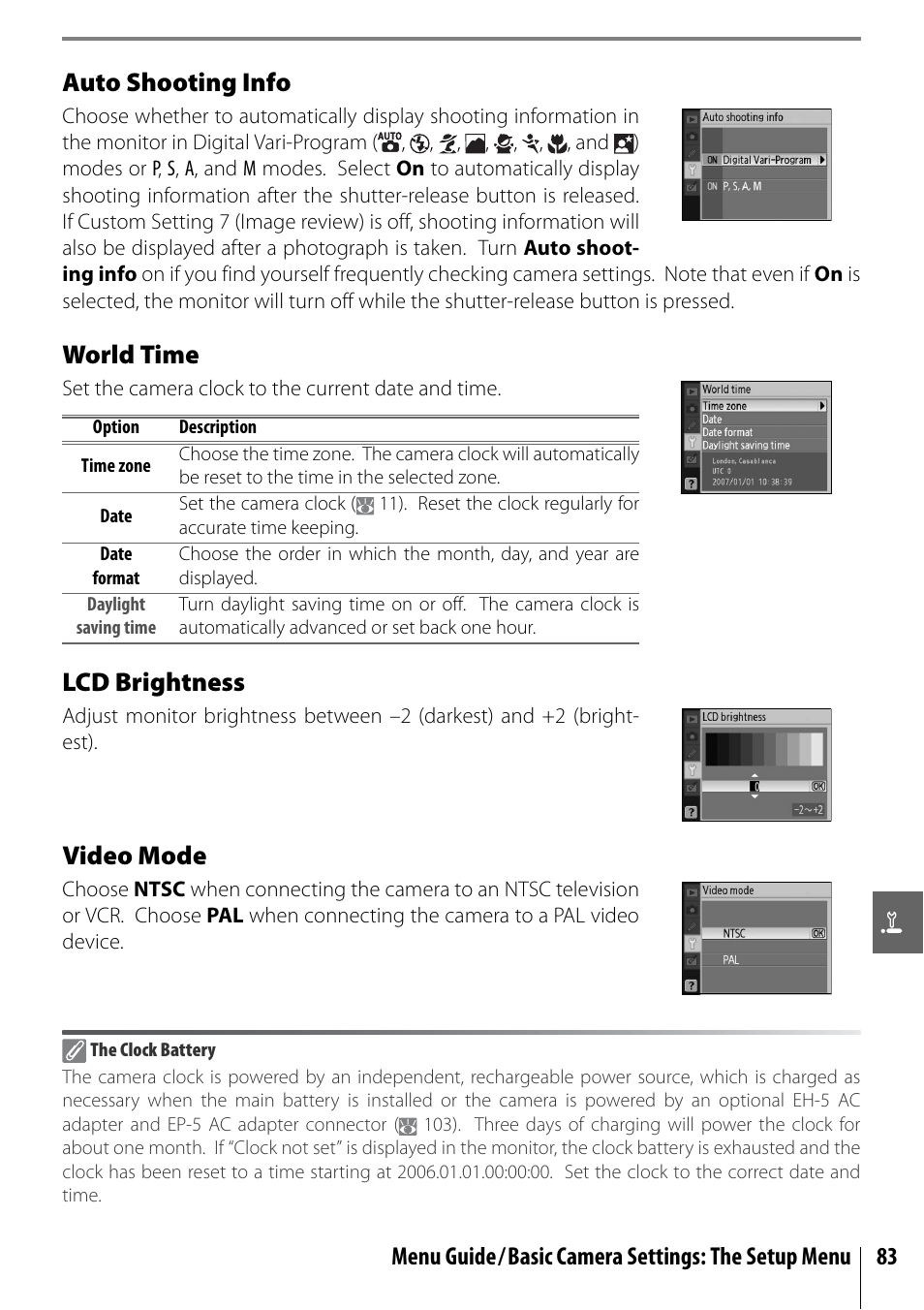 Auto shooting info, World time, Lcd brightness | Video mode | Nikon D40 User Manual | Page 95 / 139