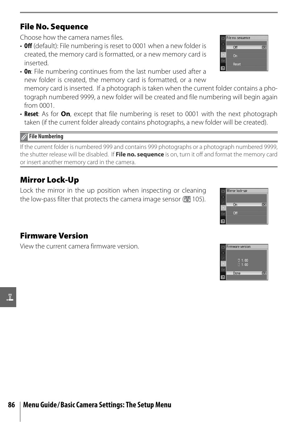 File no. sequence, Mirror lock-up, Firmware version | Nikon D40 User Manual | Page 98 / 139