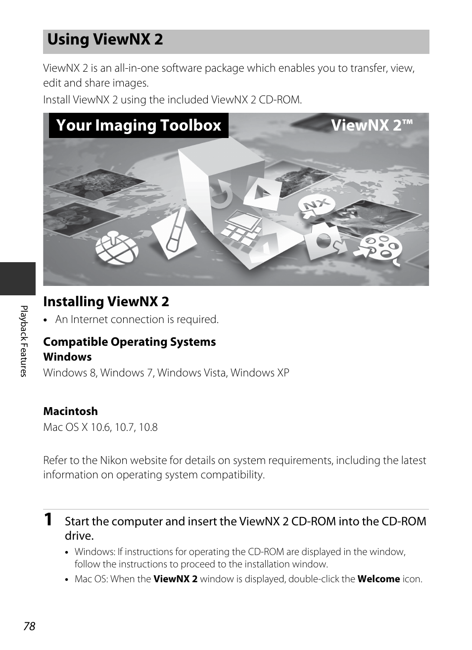 Using viewnx 2, Installing viewnx 2, A78) | Your imaging toolbox viewnx 2 | Nikon S9400 - S9500 User Manual | Page 100 / 252
