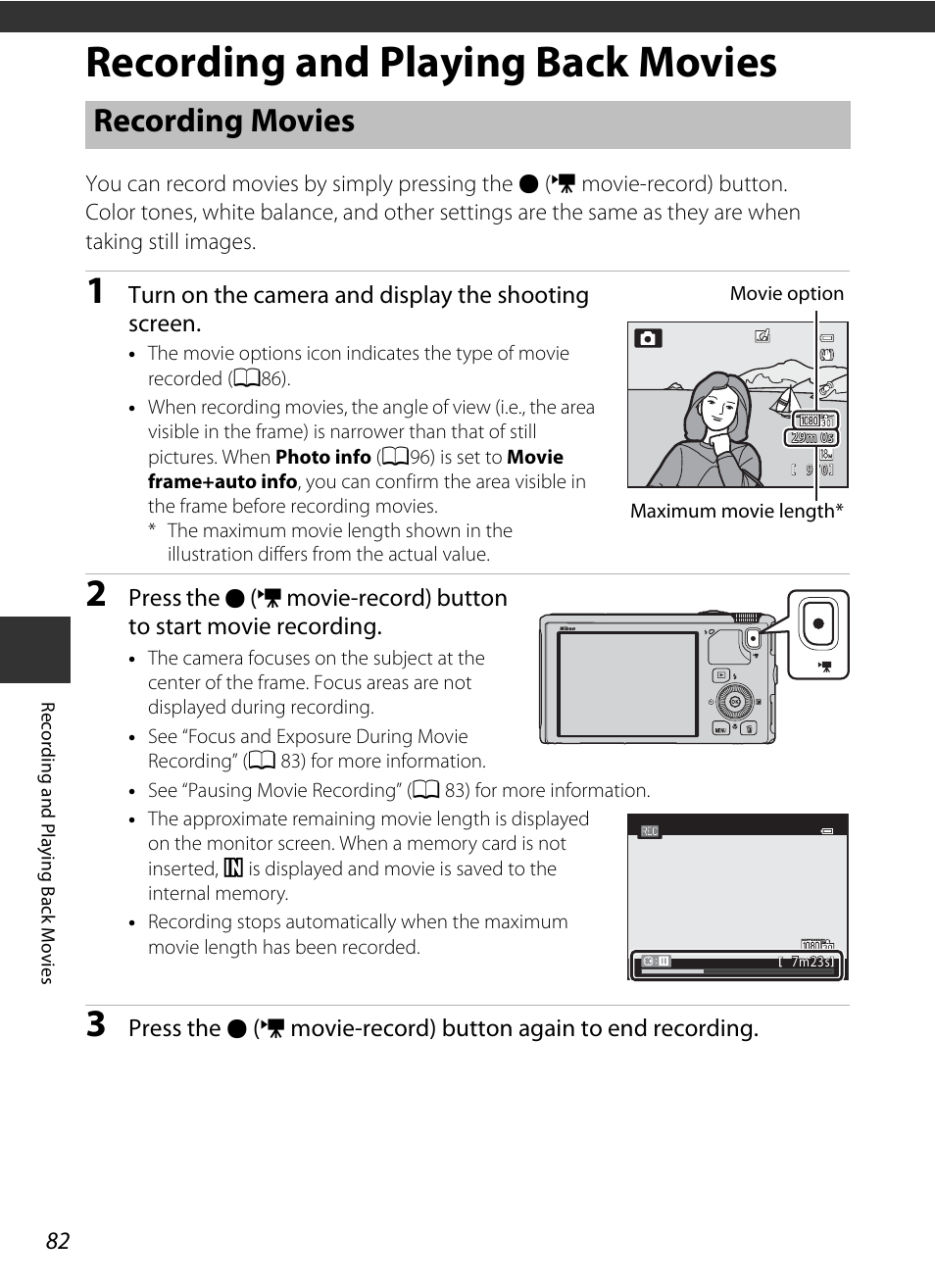 Recording and playing back movies, Recording movies, A 82 | Nikon S9400 - S9500 User Manual | Page 104 / 252