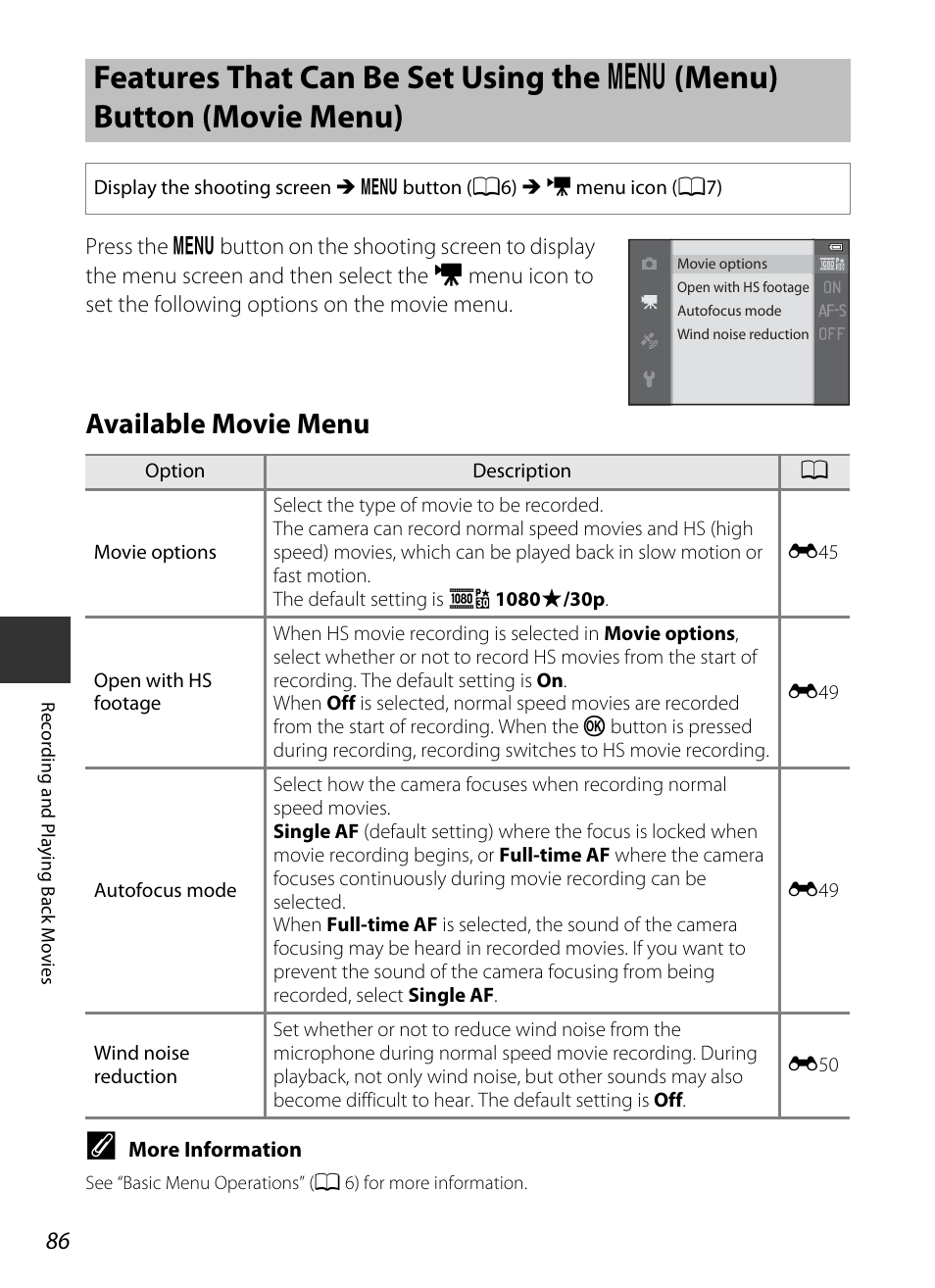 Available movie menu, Features that can be set using the, D (menu) button (movie menu) | A86), A86) se | Nikon S9400 - S9500 User Manual | Page 108 / 252