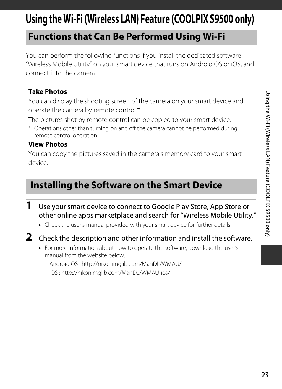 Functions that can be performed using wi-fi, Installing the software on the smart device, A 93 | Using the wi-fi (wireless lan) feature, Coolpix s9500 only), A93) | Nikon S9400 - S9500 User Manual | Page 115 / 252