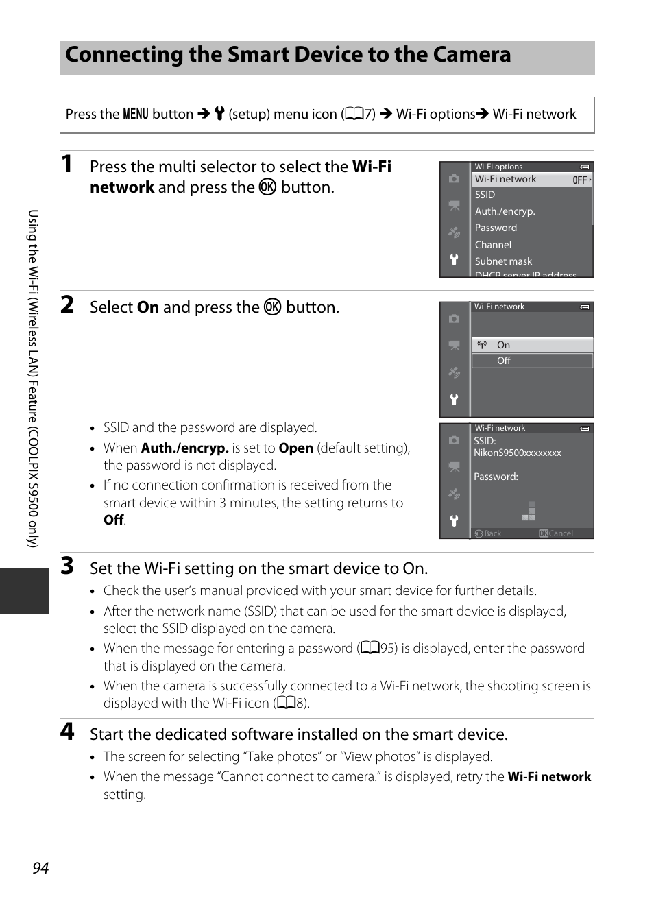 Connecting the smart device to the camera, Select on and press the k button, Set the wi-fi setting on the smart device to on | Nikon S9400 - S9500 User Manual | Page 116 / 252