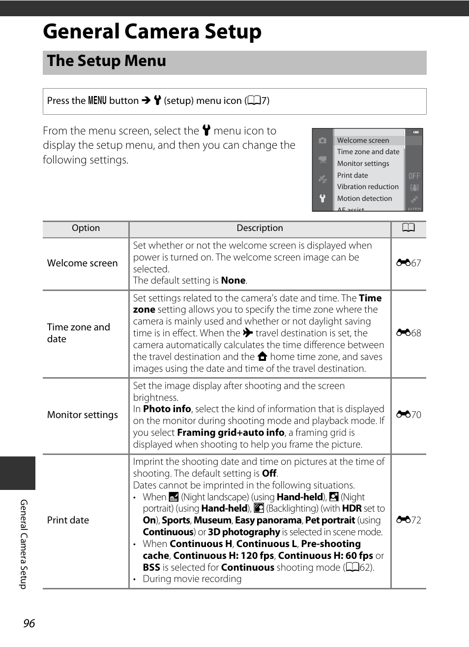 General camera setup, The setup menu, Menu | A96), use the multi selecto, A96), A96) to, A96), it i, A96) is se | Nikon S9400 - S9500 User Manual | Page 118 / 252