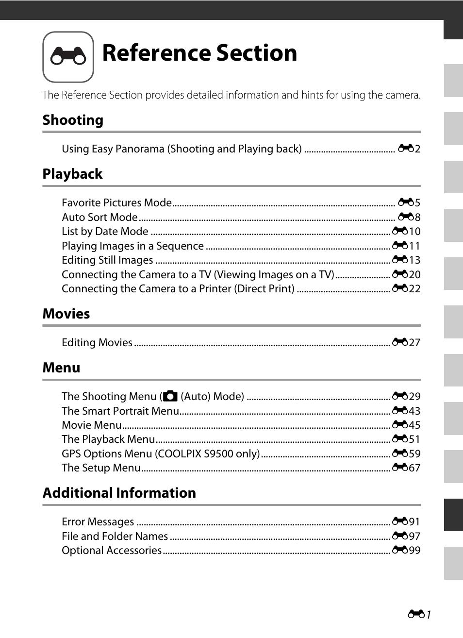 Reference section, Reference section fo, Shooting | Playback, Movies, Menu, Additional information | Nikon S9400 - S9500 User Manual | Page 121 / 252