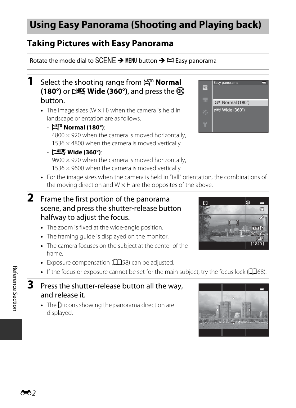 Using easy panorama (shooting and playing back), Taking pictures with easy panorama, Shooting | Nikon S9400 - S9500 User Manual | Page 122 / 252