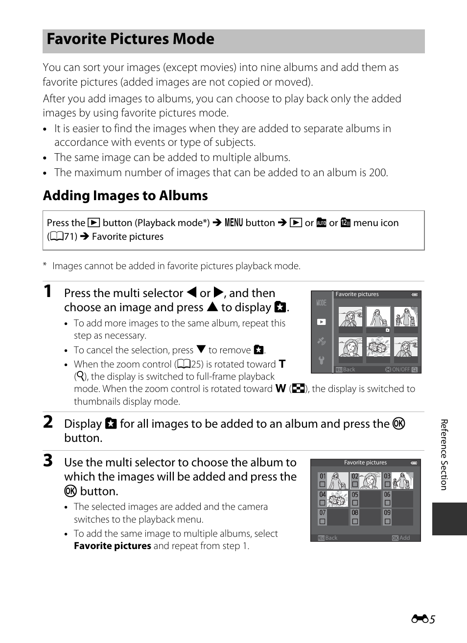 Favorite pictures mode, Adding images to albums, E5) for | Playback | Nikon S9400 - S9500 User Manual | Page 125 / 252