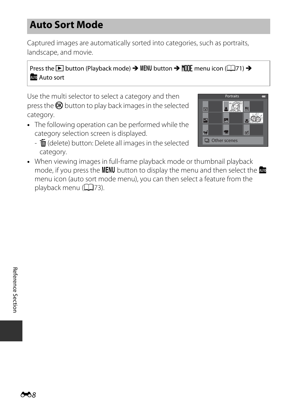 Auto sort mode, Ee “auto sort mode, E8) for | Nikon S9400 - S9500 User Manual | Page 128 / 252