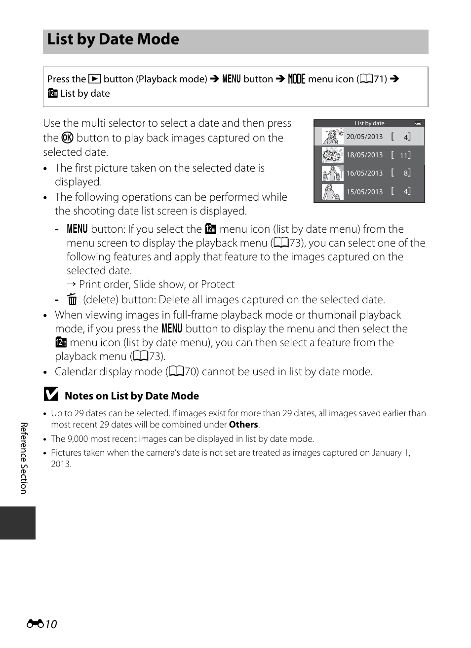 List by date mode, E10) for more, E10) to | E10), E 10 | Nikon S9400 - S9500 User Manual | Page 130 / 252