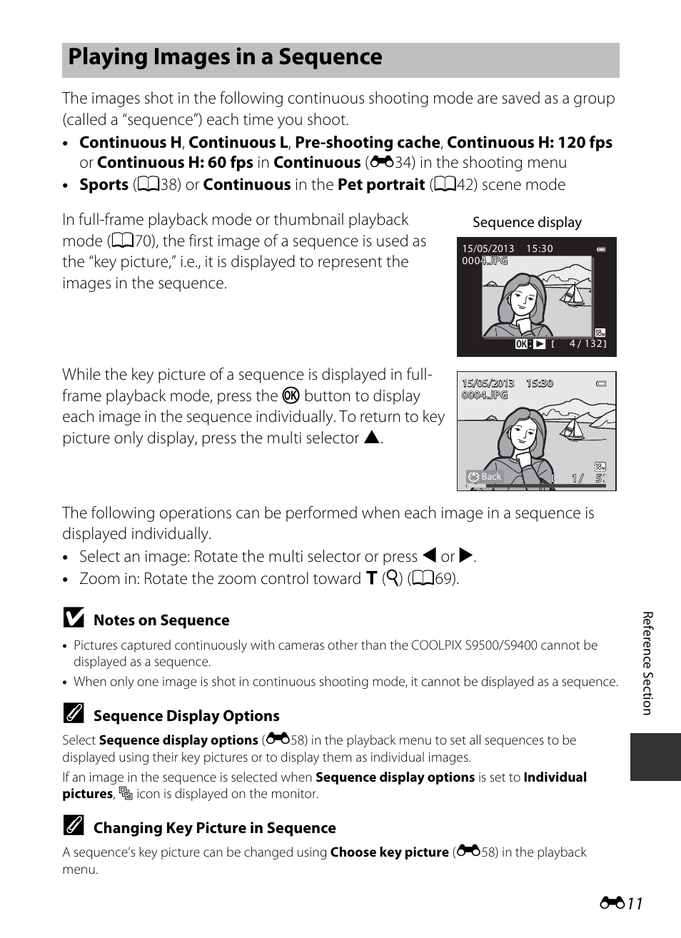 Playing images in a sequence, E11 fo, E 11 | Nikon S9400 - S9500 User Manual | Page 131 / 252