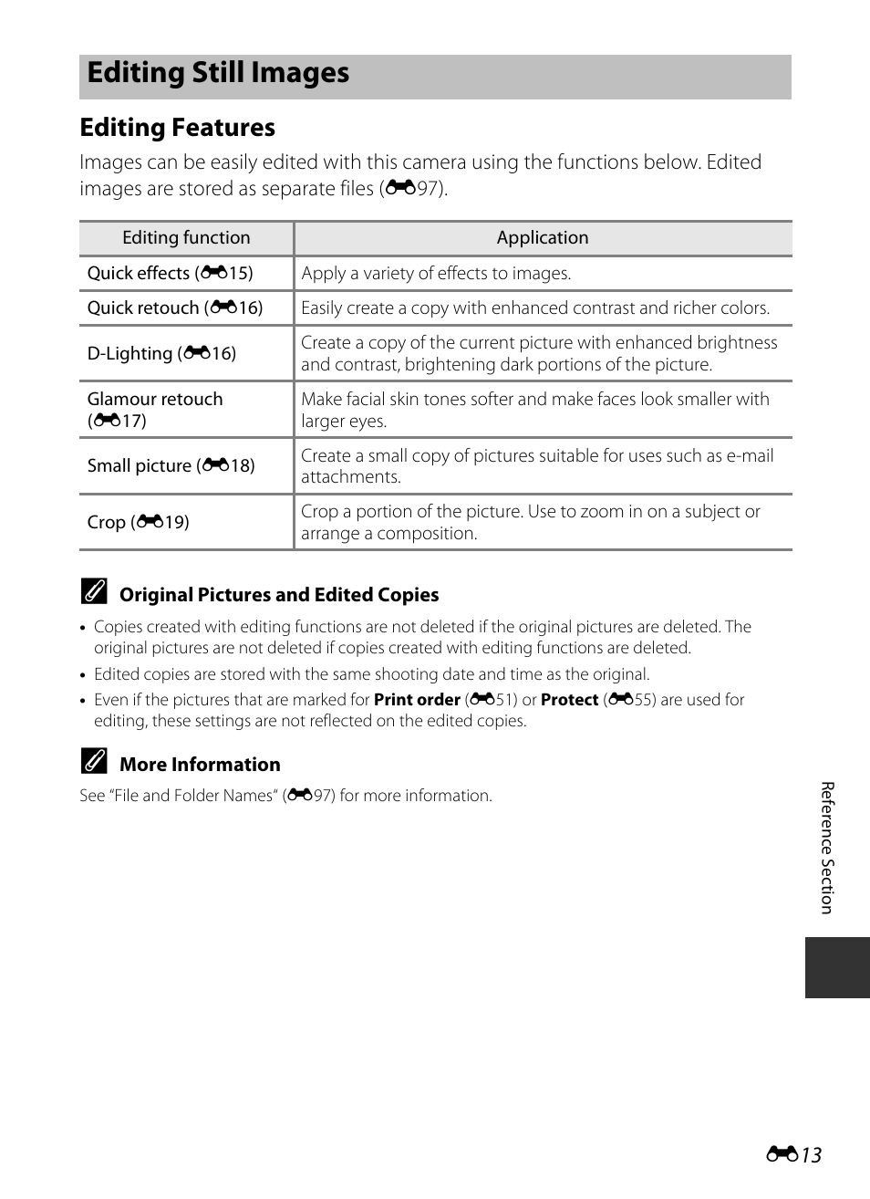 Editing still images, Editing features, E13) and “the playb | E13), E 13 | Nikon S9400 - S9500 User Manual | Page 133 / 252