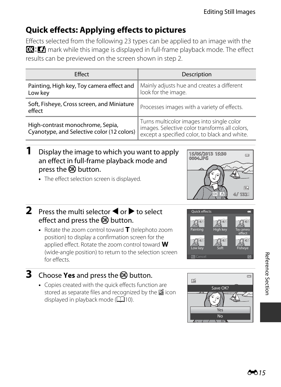 Quick effects: applying effects to pictures, E15) fo, E15) | E 15, Choose yes and press the k button | Nikon S9400 - S9500 User Manual | Page 135 / 252