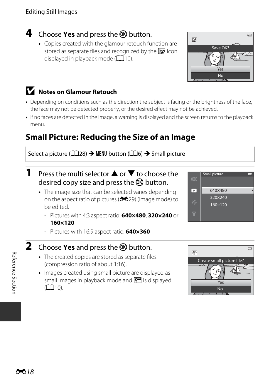 Small picture: reducing the size of an image, E 18, Choose yes and press the k button | Nikon S9400 - S9500 User Manual | Page 138 / 252