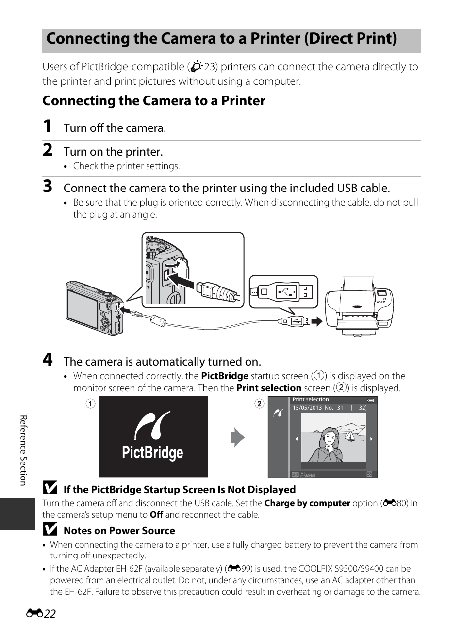 Connecting the camera to a printer (direct print), Connecting the camera to a printer | Nikon S9400 - S9500 User Manual | Page 142 / 252