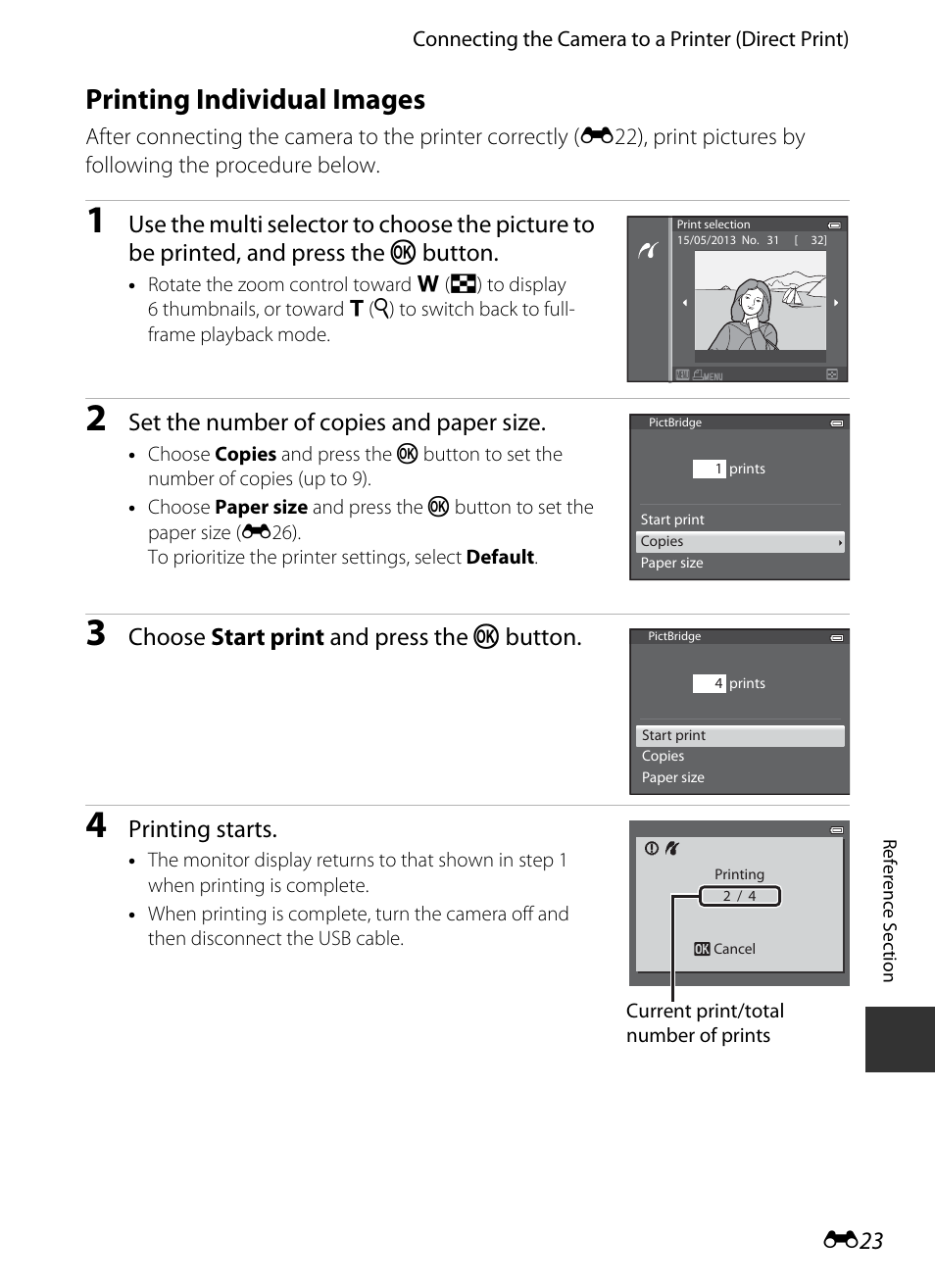 Printing individual images, E 23, Set the number of copies and paper size | Choose start print and press the k button, Printing starts | Nikon S9400 - S9500 User Manual | Page 143 / 252
