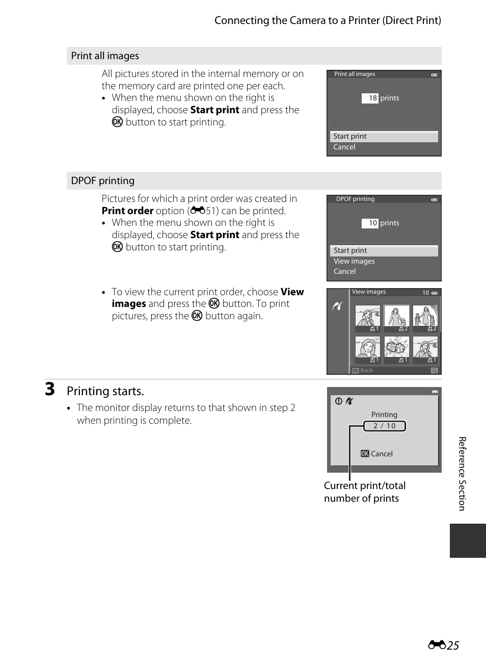 E 25, Printing starts, Connecting the camera to a printer (direct print) | Nikon S9400 - S9500 User Manual | Page 145 / 252