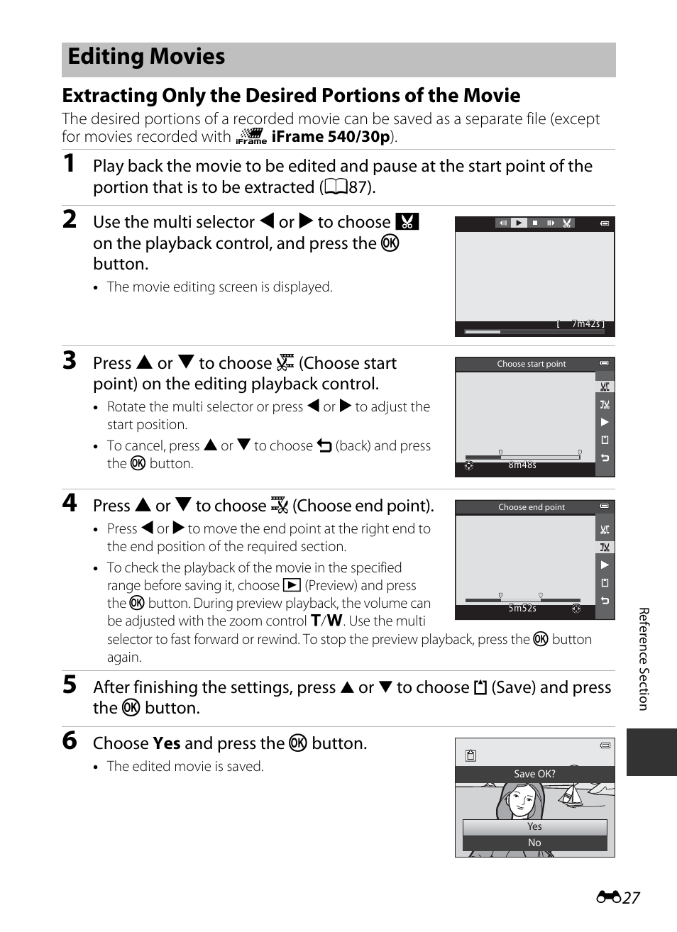Editing movies, Extracting only the desired portions of the movie, E27) | Movies | Nikon S9400 - S9500 User Manual | Page 147 / 252