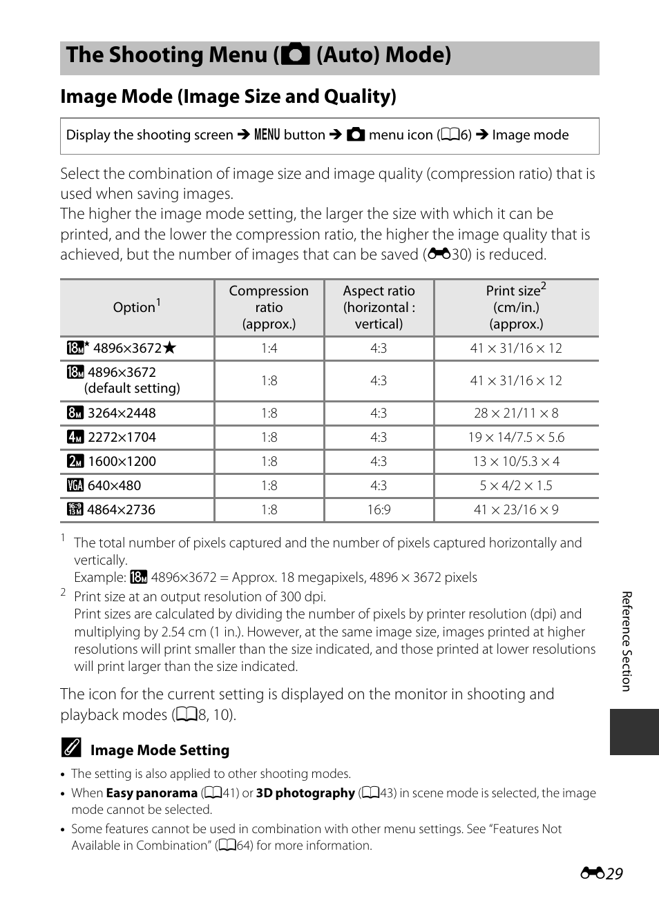 The shooting menu (auto mode), Image mode (image size and quality), The shooting menu (a (auto) mode) | Menu, E29), The shooting menu ( a (auto) mode), E 29 | Nikon S9400 - S9500 User Manual | Page 149 / 252