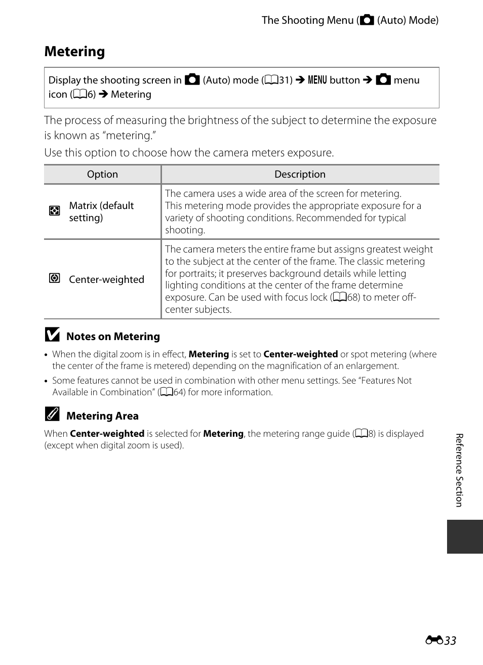 Metering, E 33 | Nikon S9400 - S9500 User Manual | Page 153 / 252
