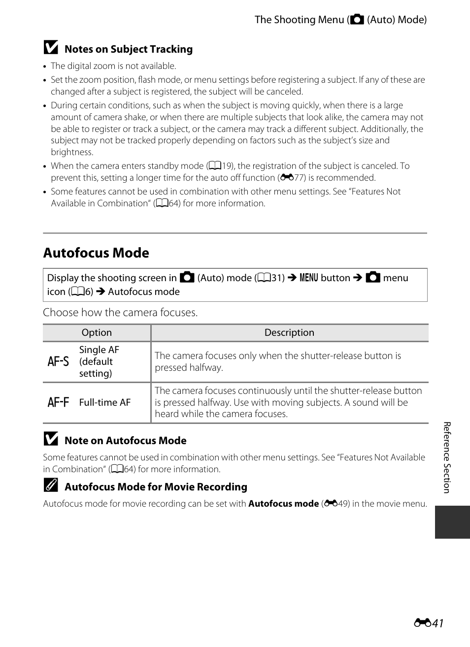 Autofocus mode, E 41 | Nikon S9400 - S9500 User Manual | Page 161 / 252