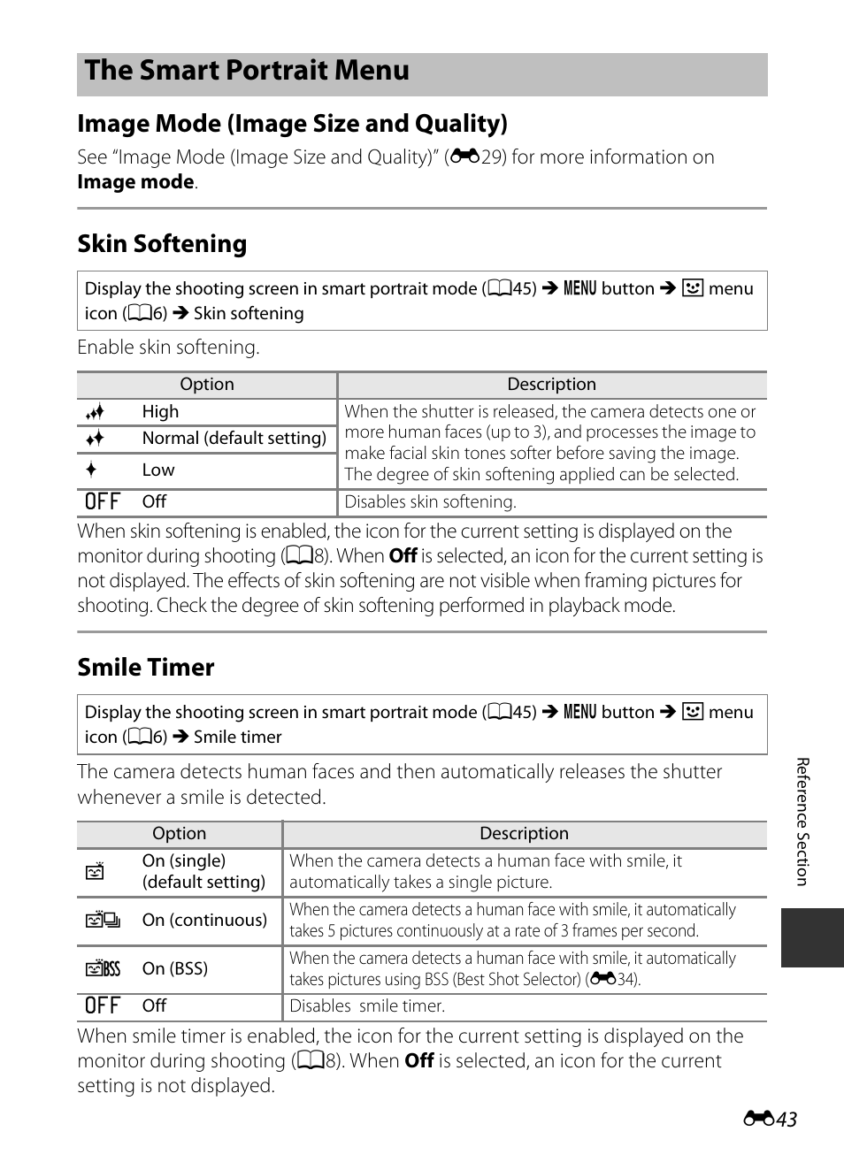 The smart portrait menu, Image mode (image size and quality), Skin softening | Smile timer | Nikon S9400 - S9500 User Manual | Page 163 / 252