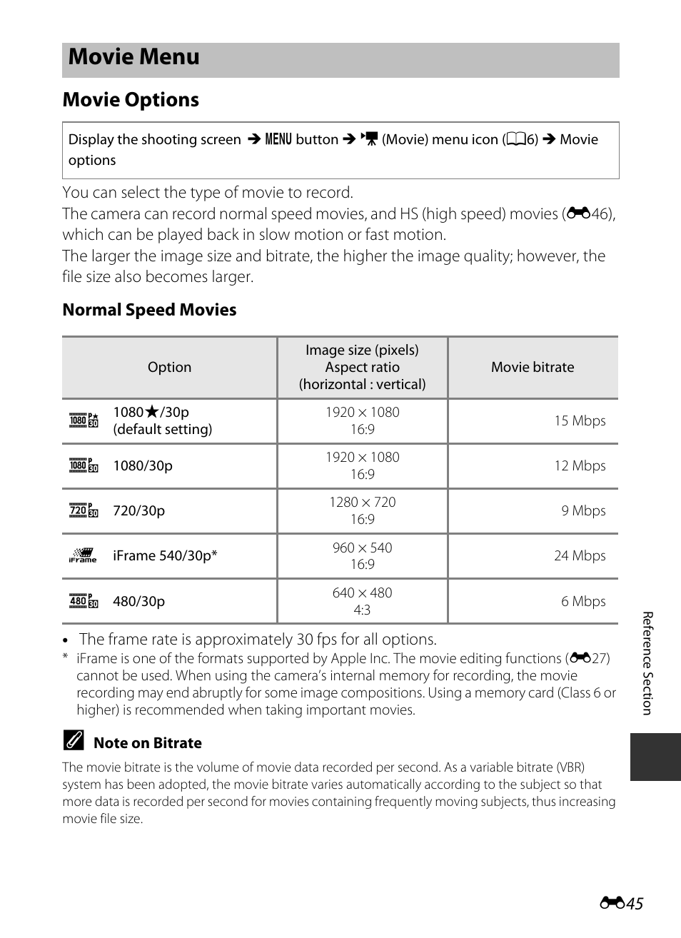 Movie menu, Movie options | Nikon S9400 - S9500 User Manual | Page 165 / 252