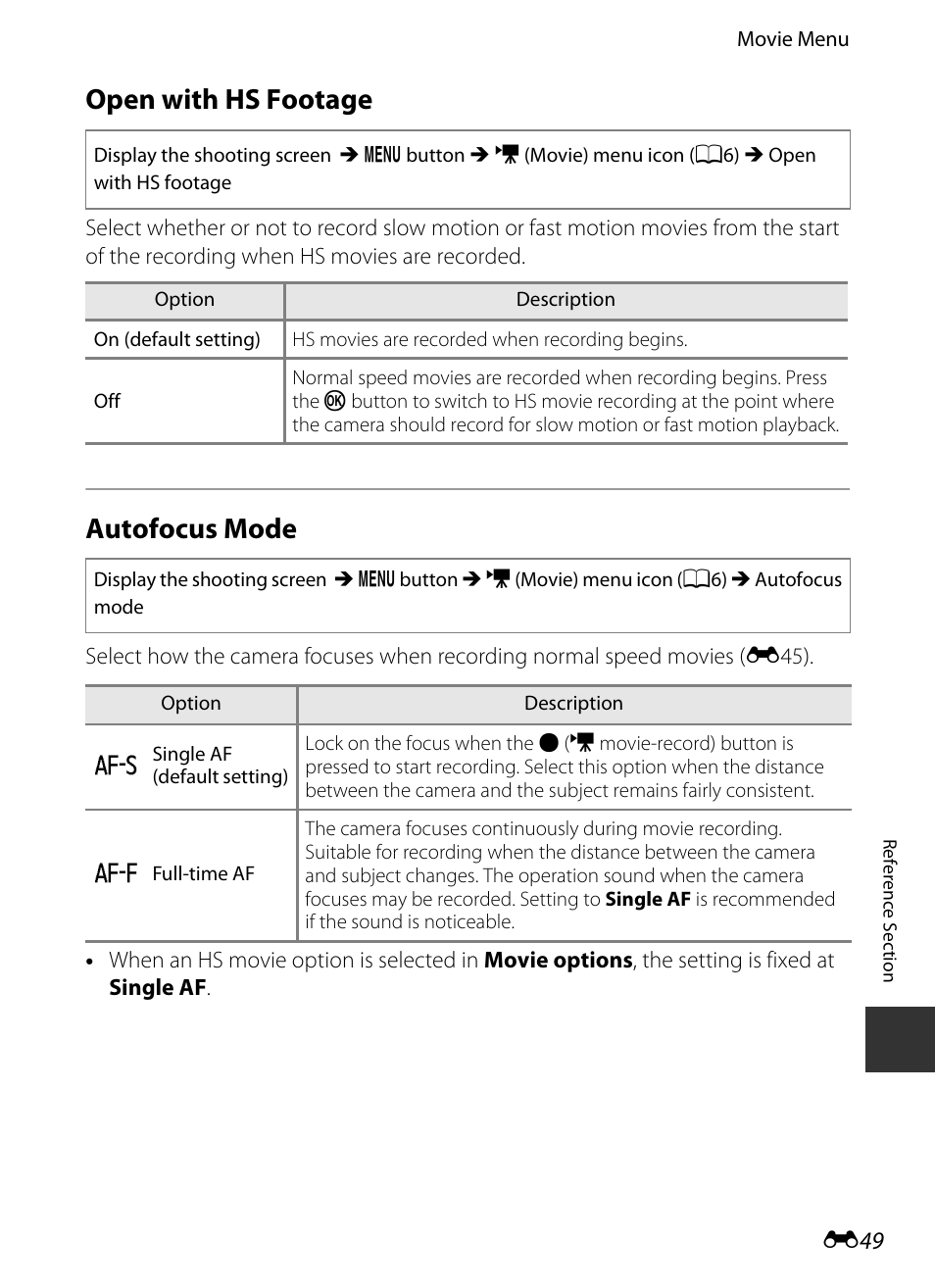 Open with hs footage, Autofocus mode, E49) in | Nikon S9400 - S9500 User Manual | Page 169 / 252