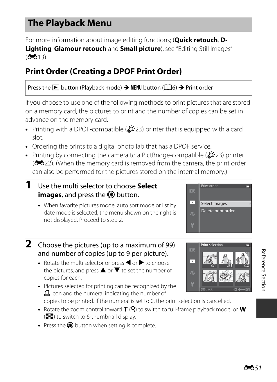 The playback menu, Print order (creating a dpof print order), Ack menu” (e51 | E51), E51) or, E 51 | Nikon S9400 - S9500 User Manual | Page 171 / 252