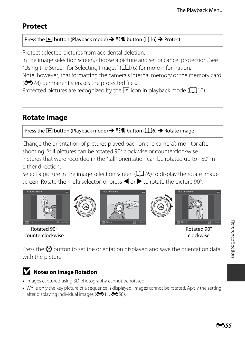 Protect, Rotate image, E55) | E55) ar, E 55 | Nikon S9400 - S9500 User Manual | Page 175 / 252