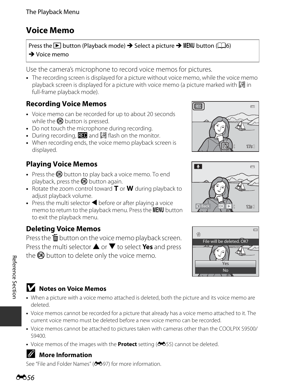 Voice memo, E 56 | Nikon S9400 - S9500 User Manual | Page 176 / 252