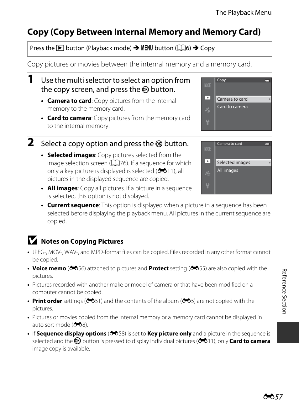 E 57, Button, Select a copy option and press the | Nikon S9400 - S9500 User Manual | Page 177 / 252