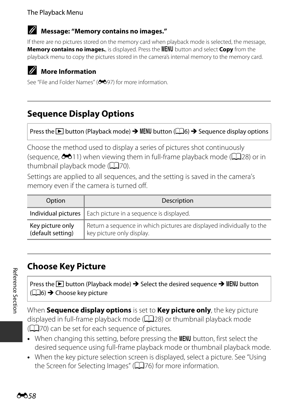 Sequence display options, Choose key picture, E58) | 58) i, E58) i | Nikon S9400 - S9500 User Manual | Page 178 / 252