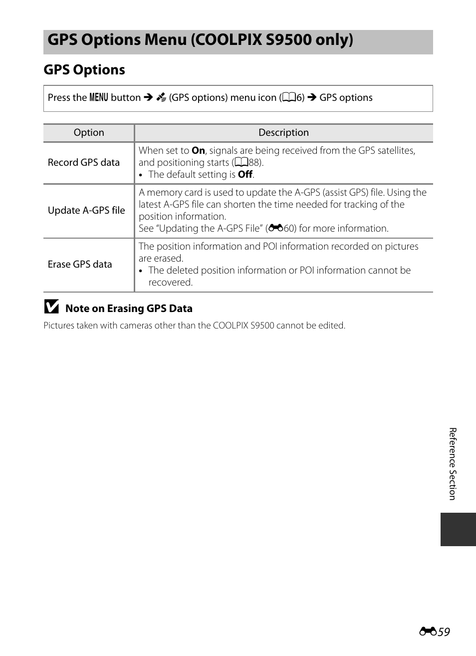 Gps options menu (coolpix s9500 only), Gps options | Nikon S9400 - S9500 User Manual | Page 179 / 252