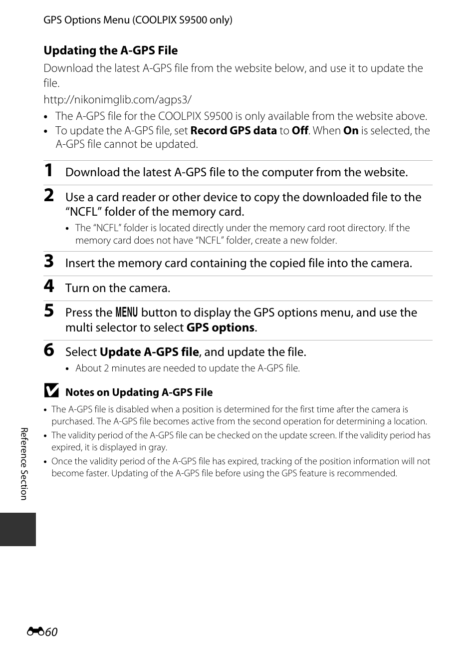 See “updating the a-gps file, E60) for more | Nikon S9400 - S9500 User Manual | Page 180 / 252
