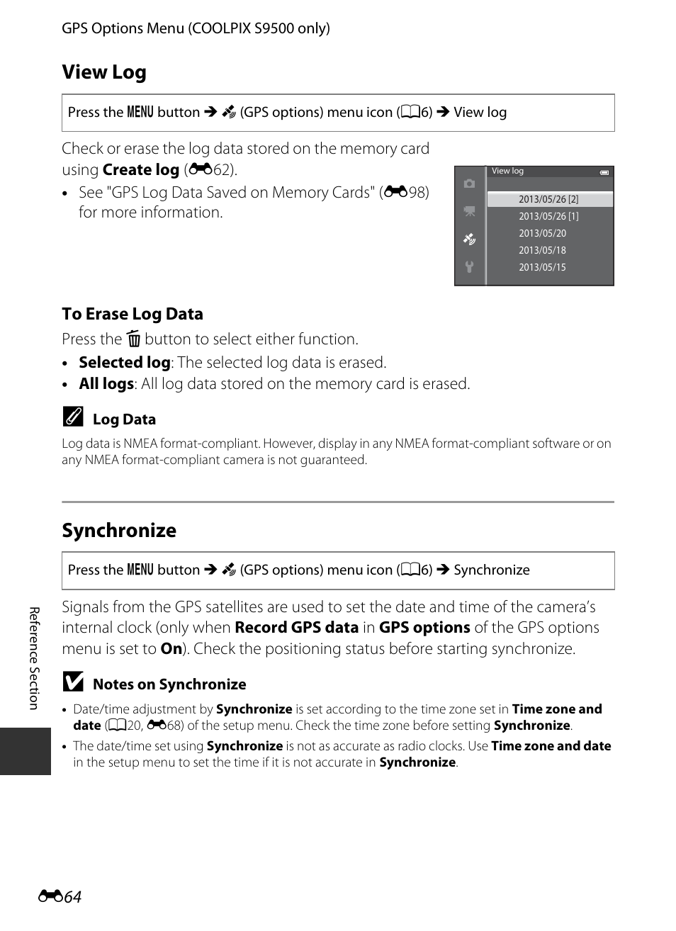 View log, Synchronize, E 64 | Nikon S9400 - S9500 User Manual | Page 184 / 252