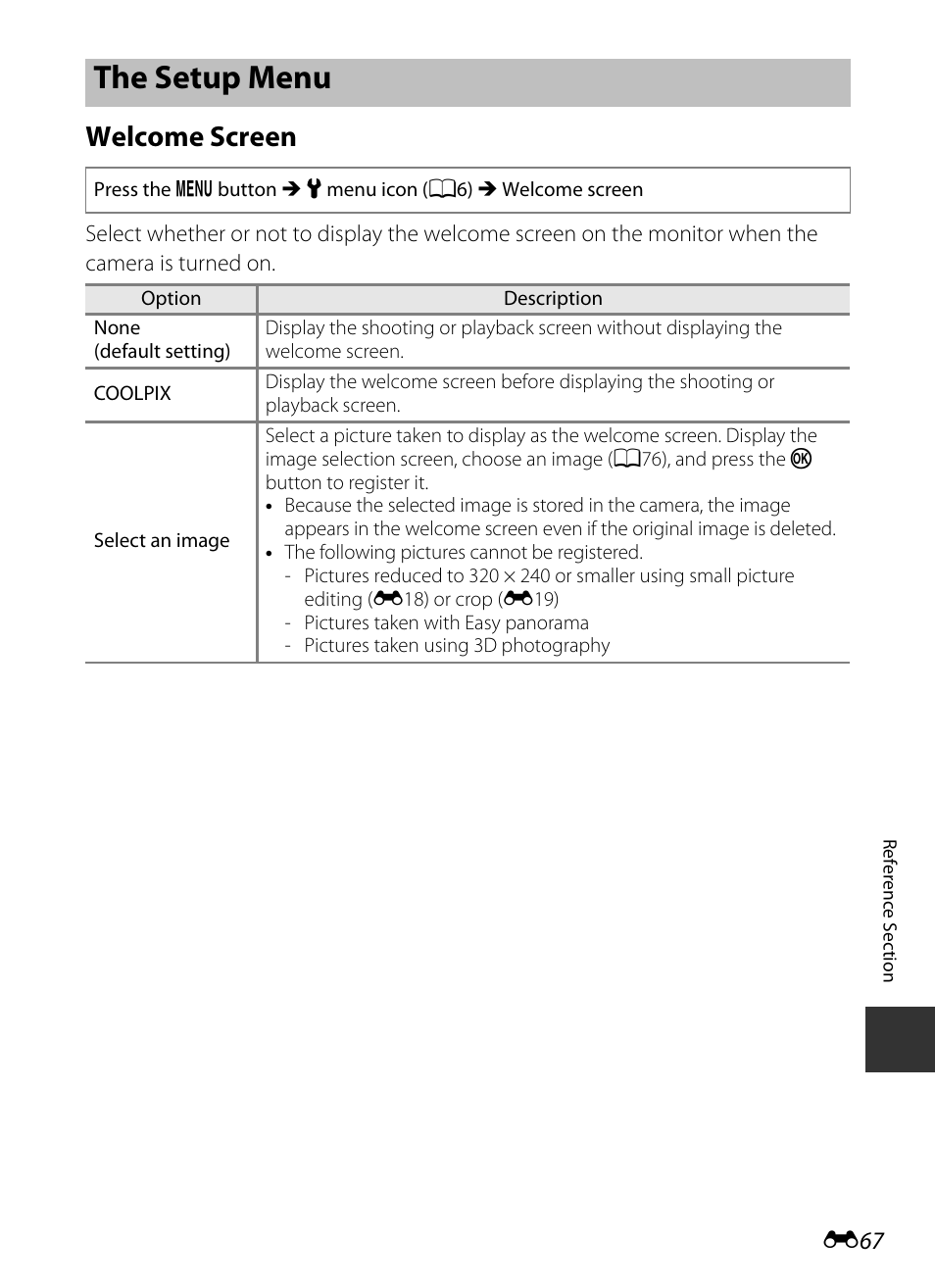 The setup menu, Welcome screen, E67) | Nikon S9400 - S9500 User Manual | Page 187 / 252