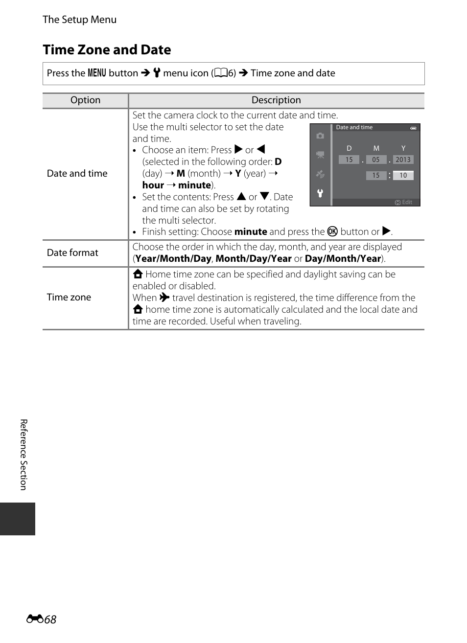 Time zone and date, E68), E 68 | Nikon S9400 - S9500 User Manual | Page 188 / 252