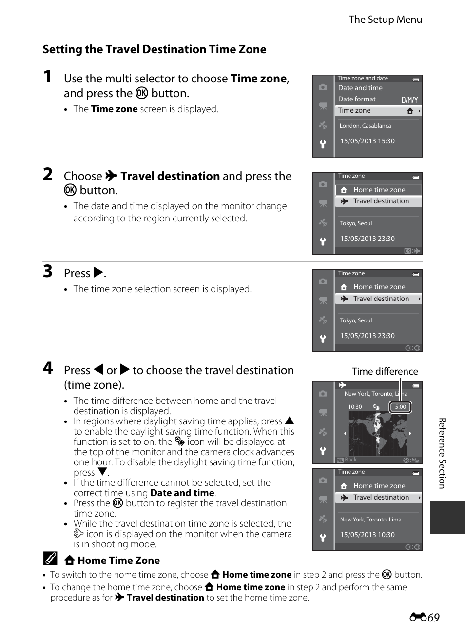 E 69, Setting the travel destination time zone, Choose x travel destination and press the k button | Press k | Nikon S9400 - S9500 User Manual | Page 189 / 252
