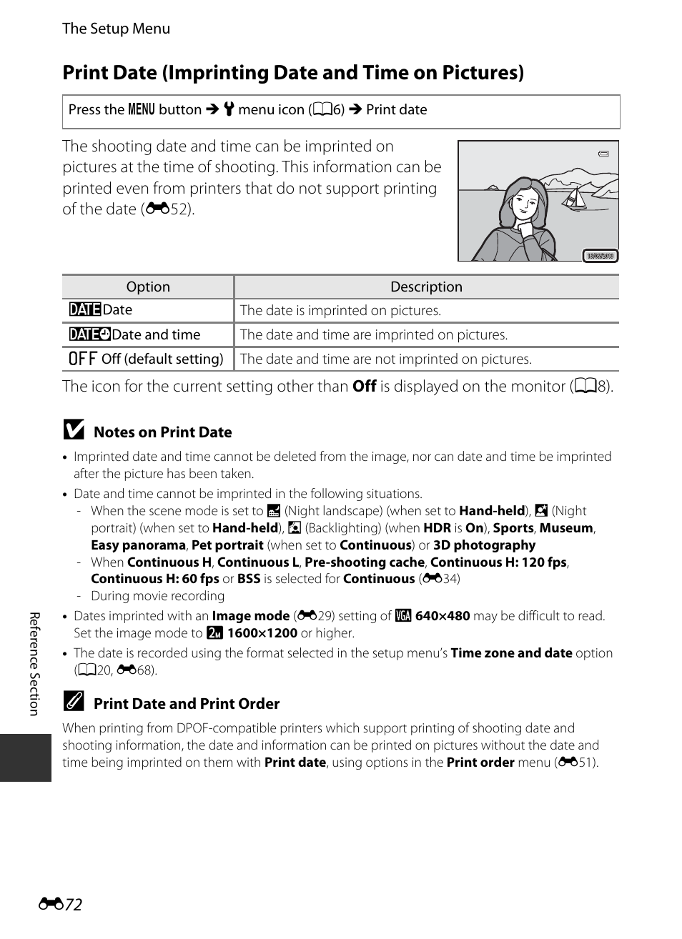 Print date (imprinting date and time on pictures), E 72 | Nikon S9400 - S9500 User Manual | Page 192 / 252