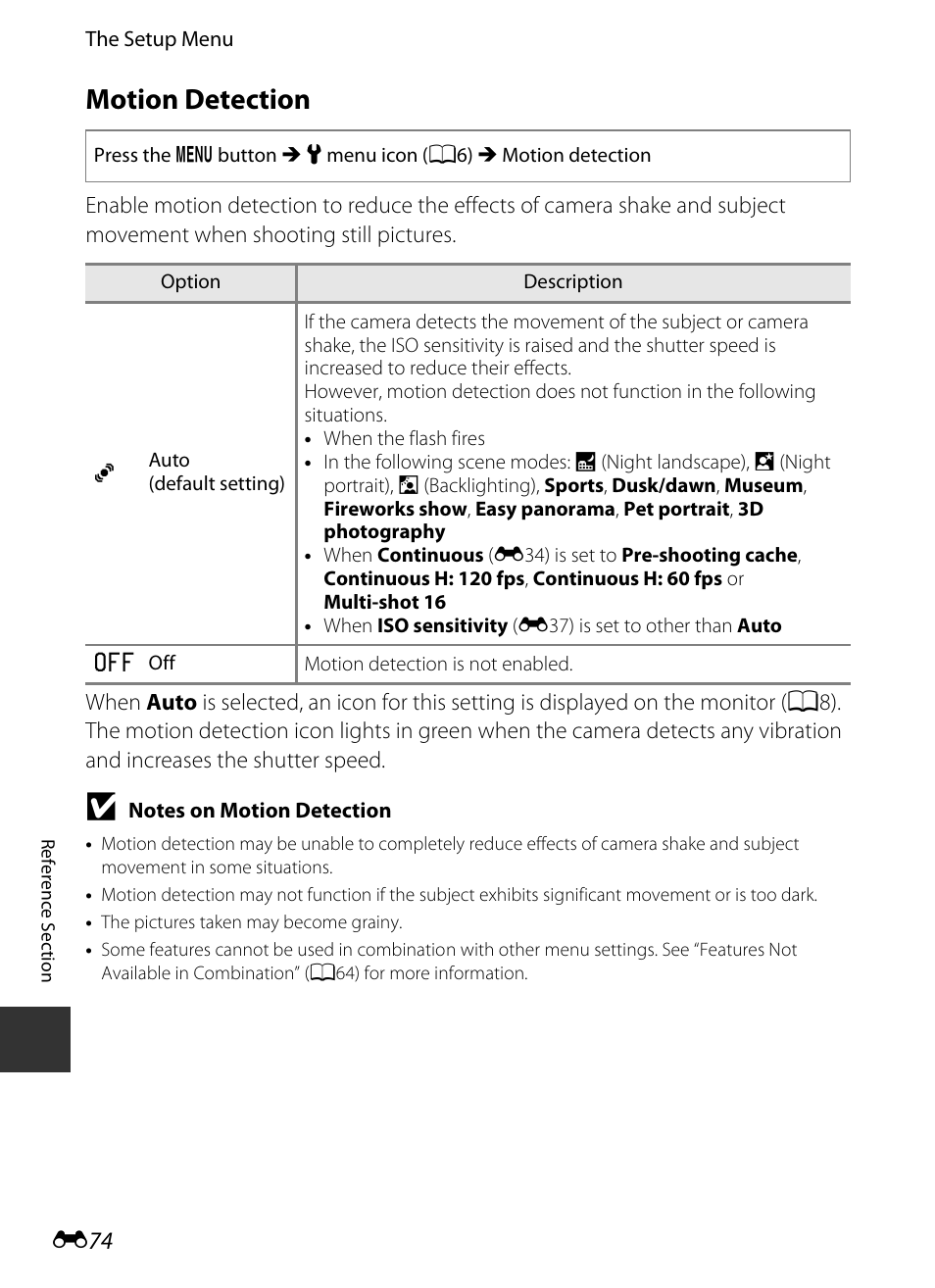 Motion detection, E 74 | Nikon S9400 - S9500 User Manual | Page 194 / 252
