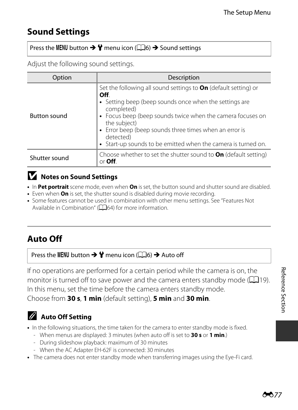Sound settings, Auto off, E77) is | Nikon S9400 - S9500 User Manual | Page 197 / 252