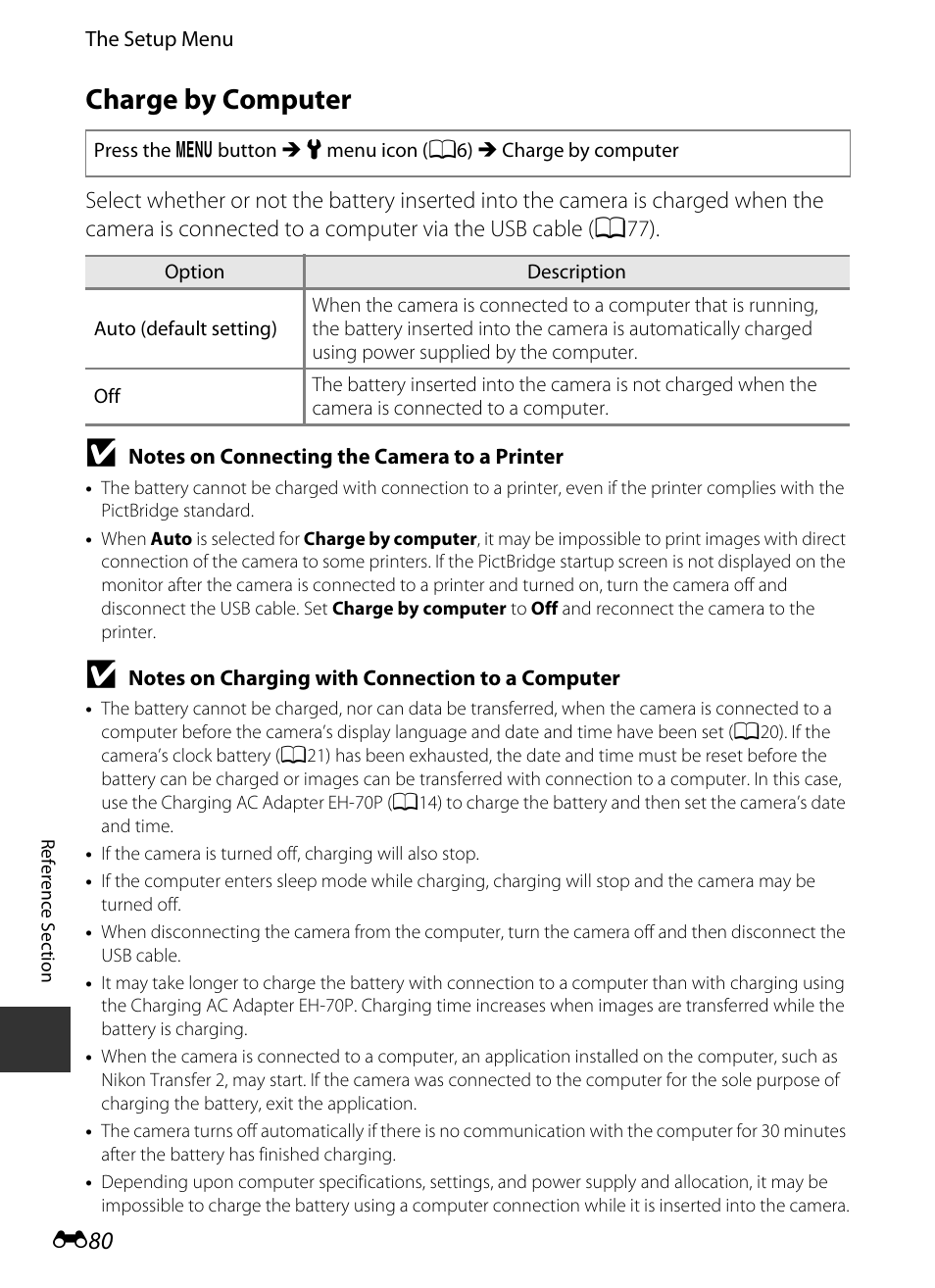 Charge by computer, E80) i, E 80 | Nikon S9400 - S9500 User Manual | Page 200 / 252