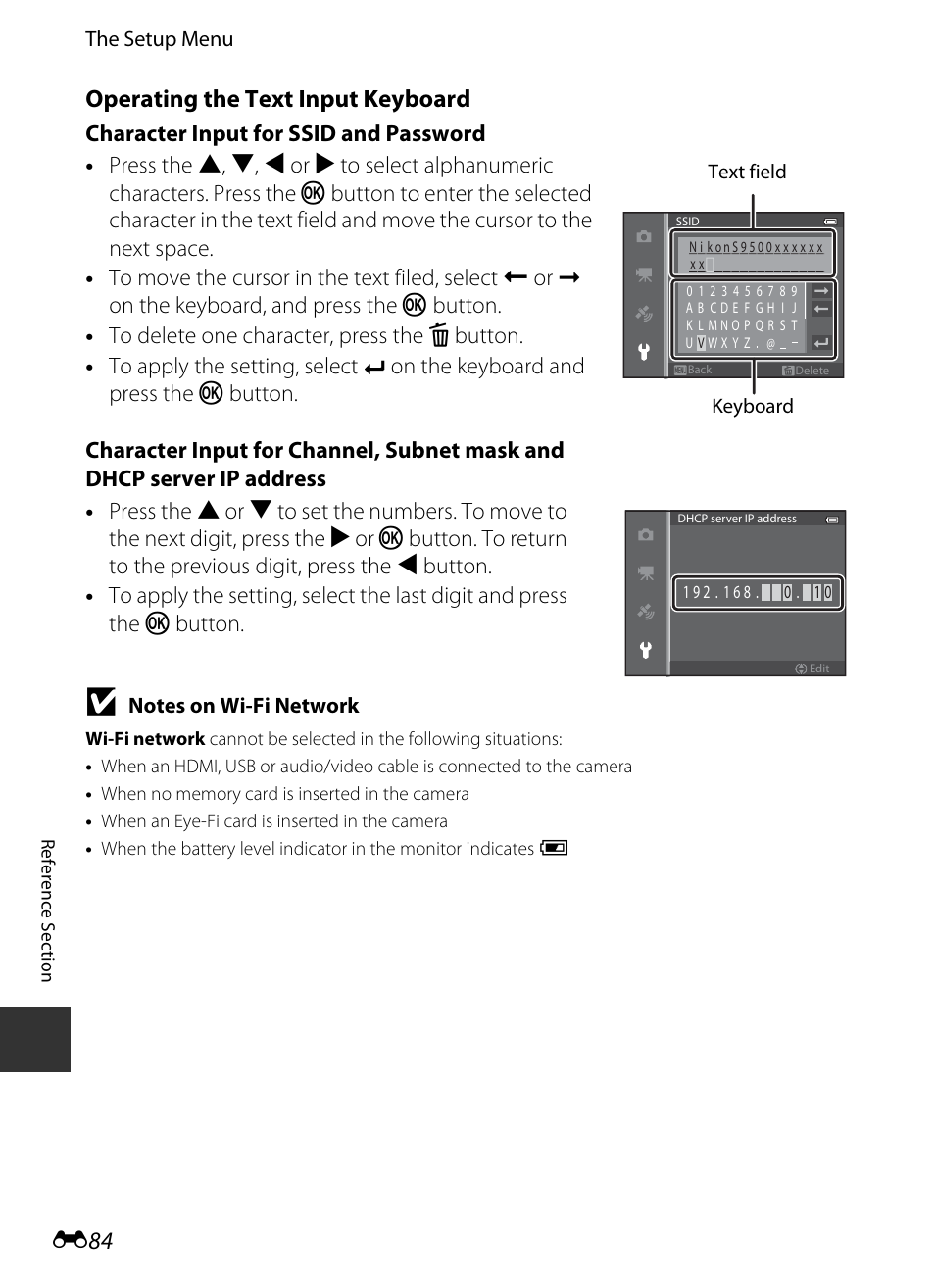 E 84, Operating the text input keyboard | Nikon S9400 - S9500 User Manual | Page 204 / 252