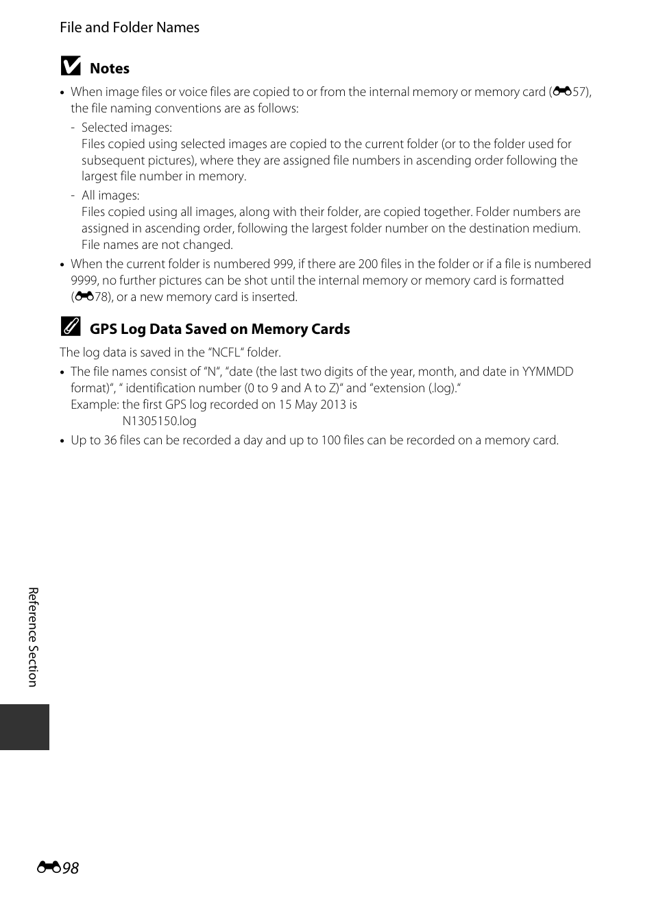 Gps log data saved on memory cards, E98), E 98 | Nikon S9400 - S9500 User Manual | Page 218 / 252