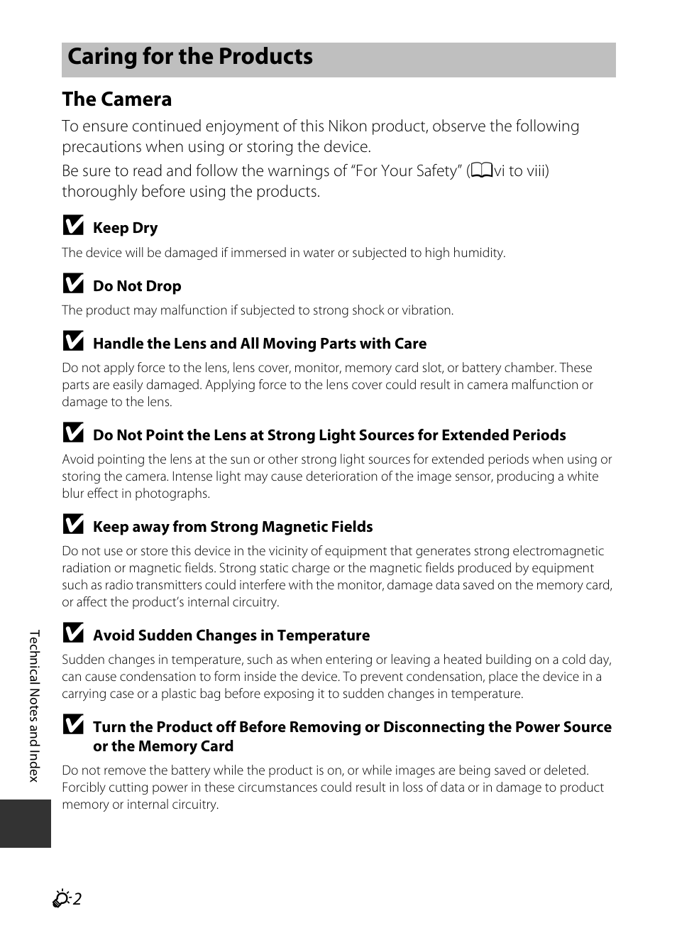 Caring for the products, The camera | Nikon S9400 - S9500 User Manual | Page 222 / 252